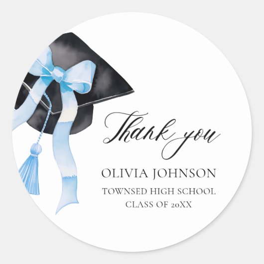 Modern Blue Bow Coquette Graduation Cap Afstuderen Ronde Sticker (Voorkant)