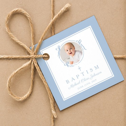 Modern Blue Boy Baptism Photo Bedankjes Labels