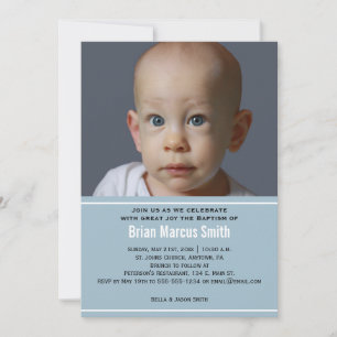 Modern Blue Boy Baptism Photo Invitation Kaart