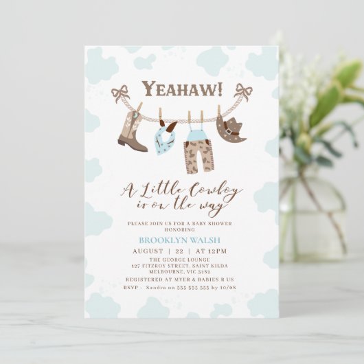Modern Blue Brown Little Cowboy Baby shower Kaart (Staand voorkant)