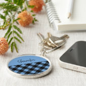 Modern Blue Buffalo Pset Check Pattern Name Sleutelhanger (Zijkant)