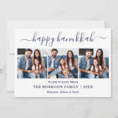 Modern Blue Calligraphy Script Hanukkah 3 Foto Feestdagenkaart (Voorkant)