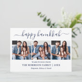 Modern Blue Calligraphy Script Hanukkah 3 Foto Feestdagenkaart (Staand voorkant)