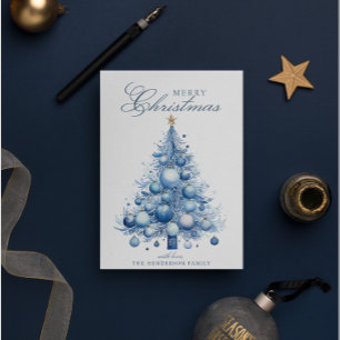 Modern Blue Christmas Tree Waterverf Custom Name Feestdagenkaart
