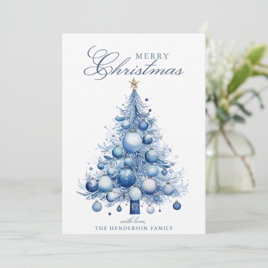 Modern Blue Christmas Tree Waterverf Custom Name Feestdagenkaart (Staand voorkant)