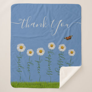 Modern Blue Daisy Floral Dank je wel Typografie Sherpa Deken