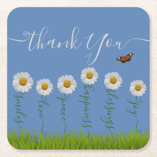 Modern Blue Daisy Floral Dank je wel Typografie Vierkante Kartonnen Onderzetter