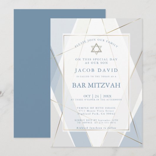 Modern Blue en Grey Lines Bar Mitzvah Kaart (Voorkant / Achterkant)