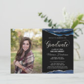 Modern Blue en Silver Afstuderen Photo Invite Kaart (Staand voorkant)