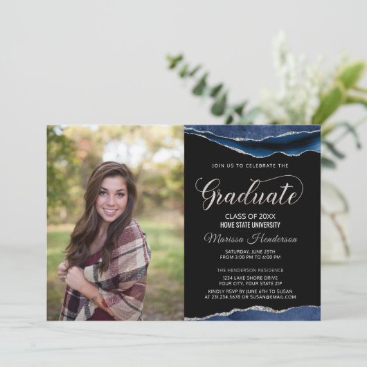 Modern Blue en Silver Afstuderen Photo Invite Kaart (Staand voorkant)