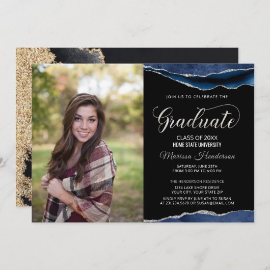 Modern Blue en Silver Afstuderen Photo Invite Kaart (Voorkant / Achterkant)