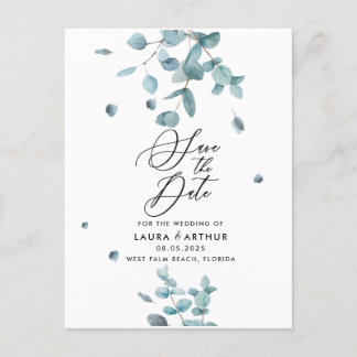 Modern Blue Eucalyptus Wedding Save the Date Aankondigingskaart