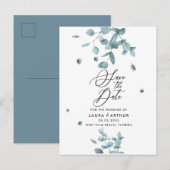 Modern Blue Eucalyptus Wedding Save the Date Aankondigingskaart (Voorkant / Achterkant)