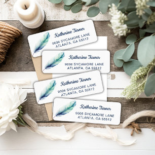 Modern Blue Feather Wedding Retouradres Etiket