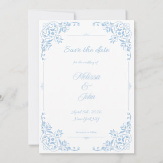 Modern Blue Filigree French Country Save the Date Kaart