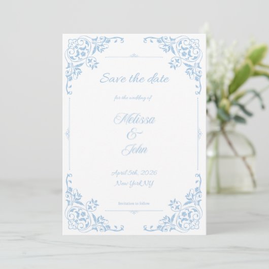 Modern Blue Filigree French Country Save the Date Kaart (Staand voorkant)