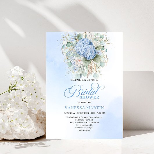 Modern Blue Floral Bridal Shower Gold Invitation