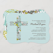 Modern Blue Floral Cross Boys Baptisme Invitation Kaart (Voorkant / Achterkant)
