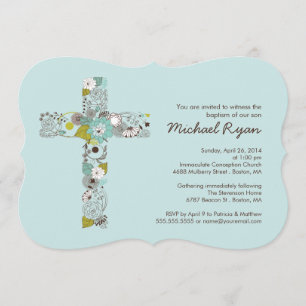 Modern Blue Floral Cross Boys Baptisme Invitation Kaart