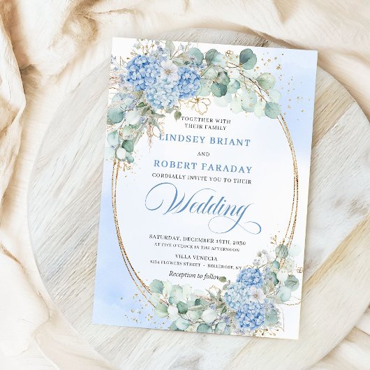 Modern Blue Floral Gold Oval Wedding Invite Kaart