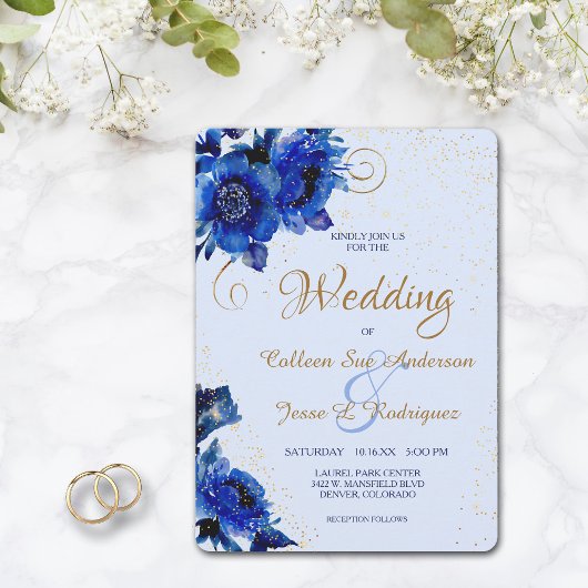 Modern Blue Floral Gold Swirl Wedding Kaart