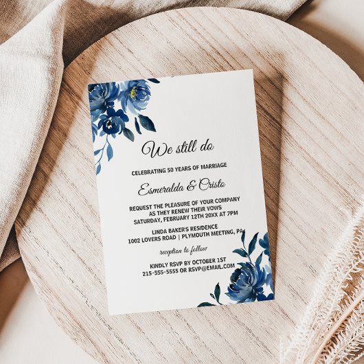 Modern Blue Floral Vow Renewal Kaart