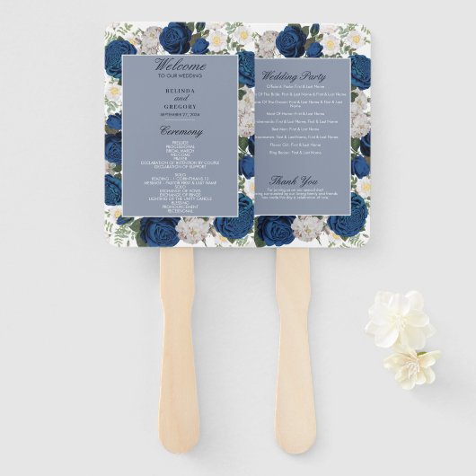Modern Blue Floral Waterverf huwelijksprogramma Handwaaier (Voorkant en achterkant)