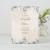 Modern Blue Floral Wedding Invitation Kaart (Staand voorkant)