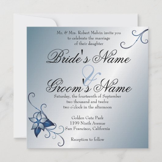 Modern Blue Floral Wedding Invitation Kaart (Voorkant)