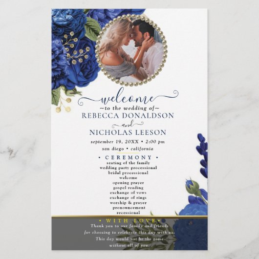 Modern Blue Flowery Custom Photo Wedding Program (Voorkant)