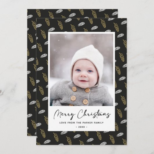 Modern Blue Fun Script Gold Pine Cone Kerstmis Feestdagenkaart (Voorkant / Achterkant)