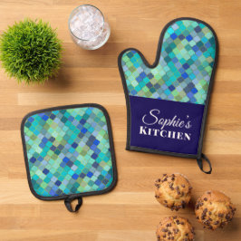 Modern Blue Geometric Personalized Ovenwant & Pannenlap Set