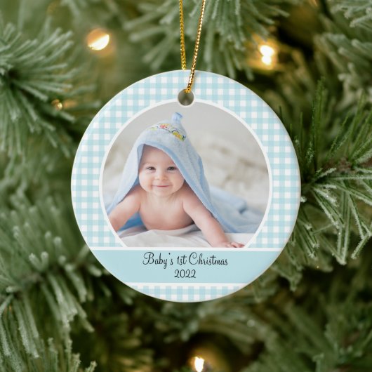 Modern Blue Gingham Baby Photo Ceramic Ornament (Boom)