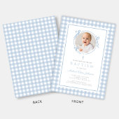 Modern Blue Gingham Bow Photo Boy Baptism Kaart