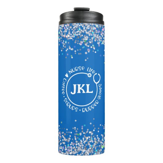 Modern Blue Glitter Monogram Stethoscope Nurse Thermosbeker (Voorkant)