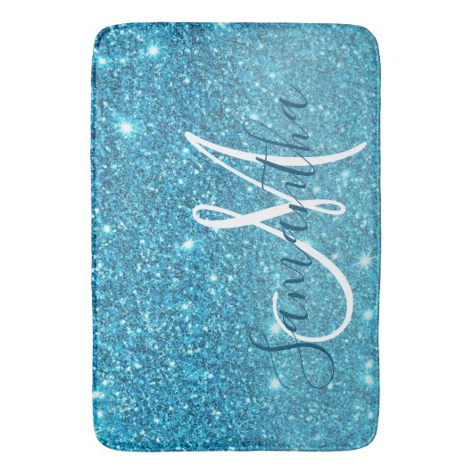 Modern Blue Glitter Sparkles Personalized Name Badmat (Voorkant Verticaal)
