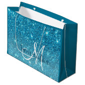 Modern Blue Glitter Sparkles Personalized Name Groot Cadeauzakje (Voorkant Gekanteld)