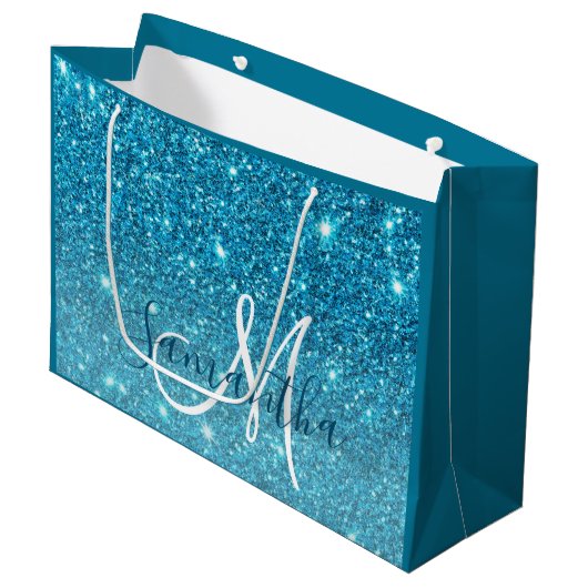 Modern Blue Glitter Sparkles Personalized Name Groot Cadeauzakje (Voorkant Gekanteld)