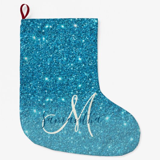 Modern Blue Glitter Sparkles Personalized Name Grote Kerstsok (Voorkant)