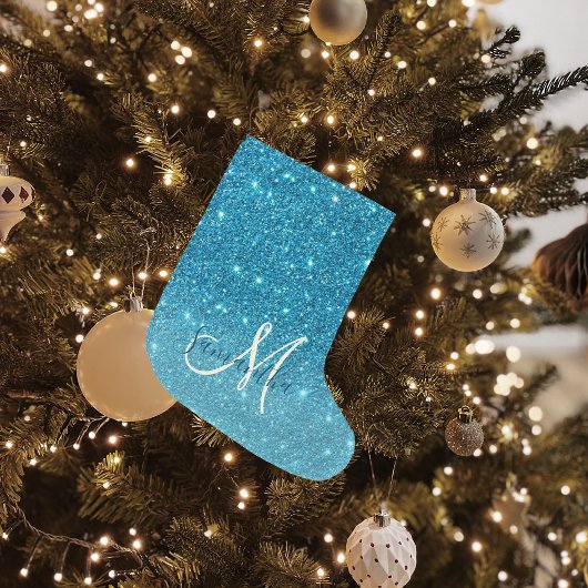 Modern Blue Glitter Sparkles Personalized Name Grote Kerstsok