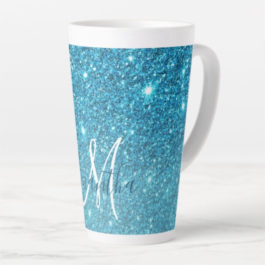 Modern Blue Glitter Sparkles Personalized Name Latte Mok (Rechterhoek)