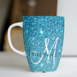Modern Blue Glitter Sparkles Personalized Name Latte Mok