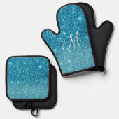 Modern Blue Glitter Sparkles Personalized Name Ovenwant & Pannenlap Set (Voorkant / Achterkant)