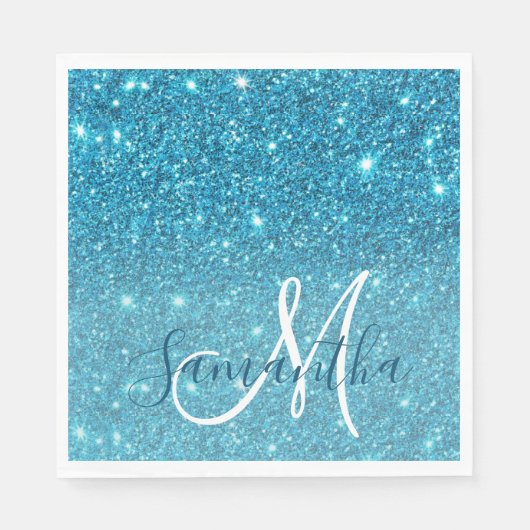 Modern Blue Glitter Sparkles Personalized Name Servet (Voorkant)