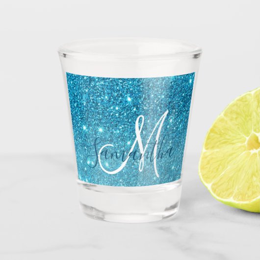 Modern Blue Glitter Sparkles Personalized Name Shot Glas (Voorkant)