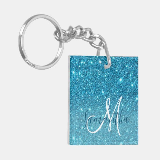 Modern Blue Glitter Sparkles Personalized Name Sleutelhanger (Voorkant Links)