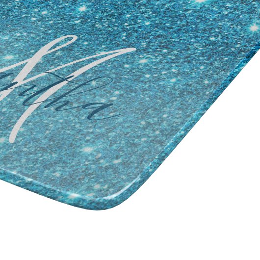 Modern Blue Glitter Sparkles Personalized Name Snijplank (Hoek)