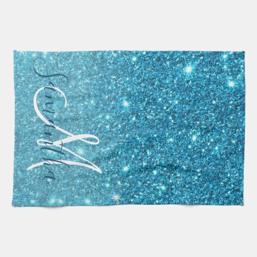 Modern Blue Glitter Sparkles Personalized Name Theedoek (Horizontaal)