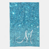 Modern Blue Glitter Sparkles Personalized Name Theedoek (Verticaal)
