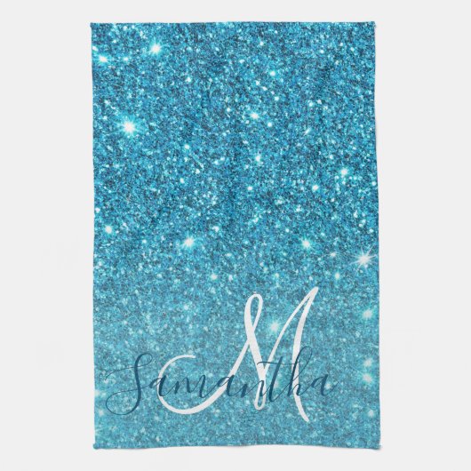 Modern Blue Glitter Sparkles Personalized Name Theedoek (Verticaal)